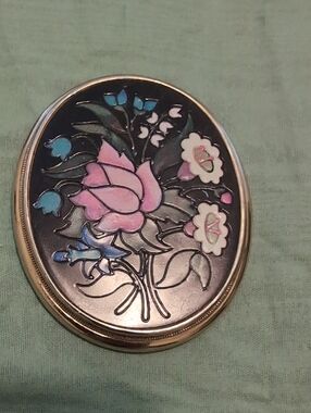 Vintage Avon Floral Mosaic Oval Pendant - Pink & Blue Flowers